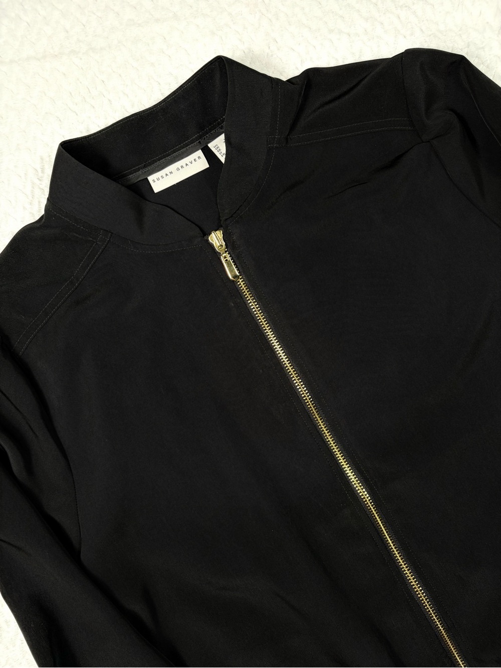 Susan Graver Black Bomber Jacket Women Sz L Lightweight Full Zip Gold Hardware